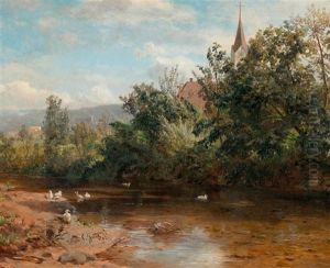 Flusslandschaft Mit Enten Und Einer Kirche Im Hintergrund