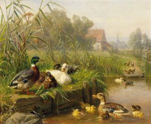 Enten Am Weiher Eines Kirchdorfes by Carl Jutz the Elder