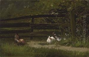 Chickens And Ducks At The Farm Fence by Carl Jutz the Elder