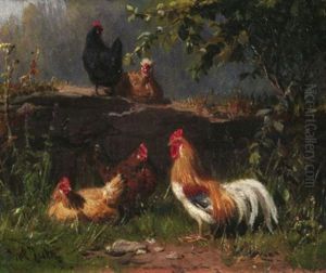 Hahn Und Hennen Bei Einer Natursteinmauer by Carl Jutz the Elder
