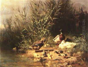 Schilfbestandener Teich Mit Entenfamilie by Carl Jutz the Elder