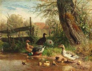 Enten An Einem Teich. Im Hintergrund Bauernhaus Hinter Baumen by Carl Jutz the Elder