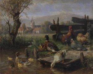 Huhner Und Enten Am Teich by Carl Jutz the Elder