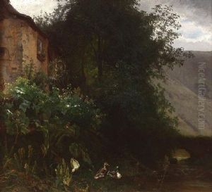 Badische Landschaft Mit Bachlauf Und Enten by Carl Jutz the Elder