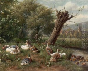Enten Am Bachufer Vor Einem Dorf by Carl Jutz the Elder