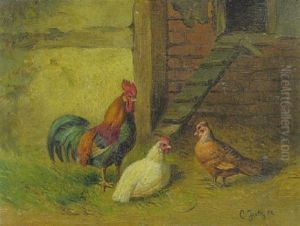 Hahn Und Zwei Huhner Vor Dem Stallgebaude by Carl Jutz the Elder