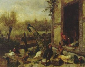 Geflugelhof, Im Hintergrund Eine Wiesenlandschaft Mit Einem Schlos by Carl Jutz the Elder