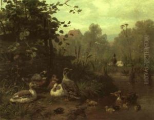 Entenschwarm Auf Einem Bachlauf by Carl Jutz the Elder