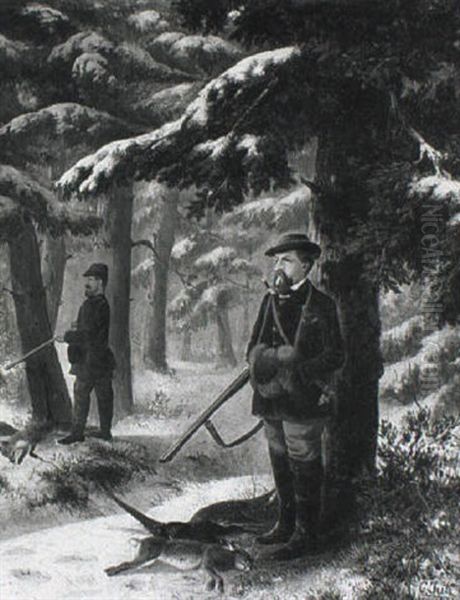 Zwei Jager Im Winterwald - view 1