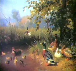 Ducks And Ducklings At A Pond & Chickens And Chicks By A Straw Mound by Carl Jutz the Elder