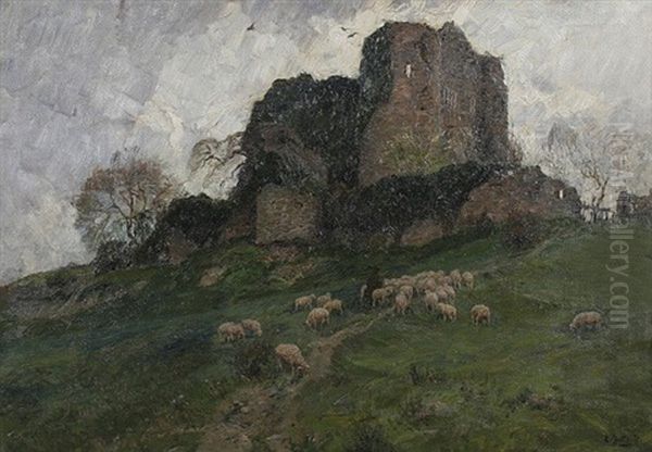 Hirte Mit Seiner Schafherde Bei Der Ruine Nothberg In Der Eifel - view 1
