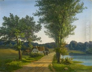 Danische Sommerlandschaft Mit Reitern Auf Der Landstrasse by Andreas Thomas Juuel
