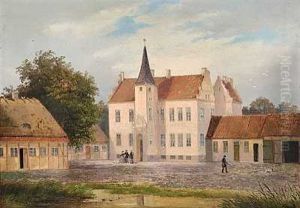 En Jaeger Og Fine Folk Foran Herregarden Skovsbo Pa Fyn