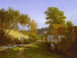 Dansk Sommerlandskab Med Personer Ved Gammel Vandmolle by Andreas Thomas Juuel