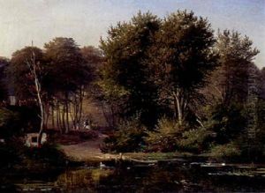 Skovparti Med Ryttere Ved En So by Andreas Thomas Juuel