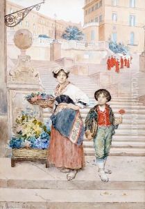 Flower Sellers By The Spanish Steps, Rome by Clelia Bompiani Battaglia