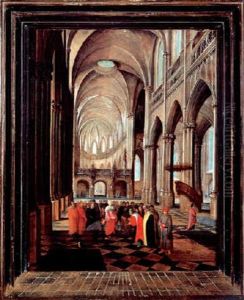 The Interior Of A Gothic Church With Christ And The Woman Taken In Adultery thumbnail