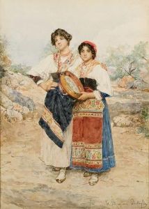 Due Giovani Popolane Con Il Tamburello by Clelia Bompiani Battaglia