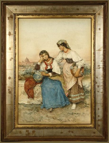 Two Roman Women Sitting On A Wall - view 1
