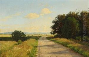 Pasture Landscape, In The Back A Herdsman With His Dog by Ludvig Kabell