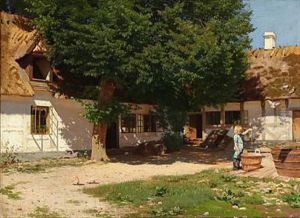 A Little Boy Playing In A Sunlit Courtyard by Ludvig Kabell