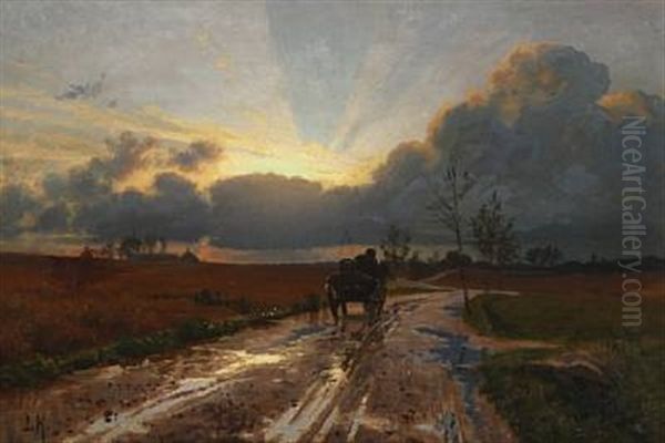 Horse Carriage On A Rainy Road, Evening - view 1