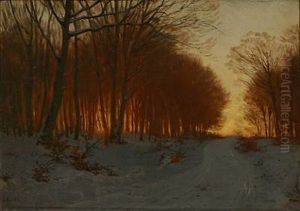 Winter Day In A Forest With The Sunset Glow Among The Trees by Ludvig Kabell