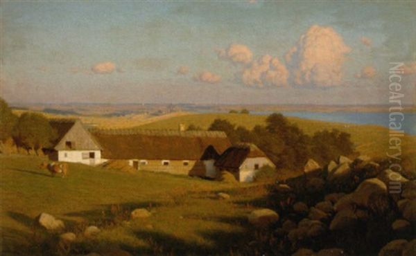 Figures Harvesting At A Sunlit Farmstead Before Kalundborg, Denmark - view 1