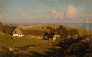 Figures Harvesting At A Sunlit Farmstead Before Kalundborg, Denmark by Ludvig Kabell