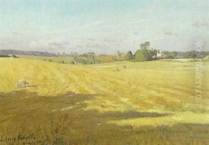 Landskab Med Nyhostet Kornmark I Baggrunden Kirke by Ludvig Kabell