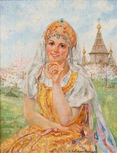 A Girl In Traditional Costume When The Apple Trees Blossom by Ekaterina Kachura-Falileeva