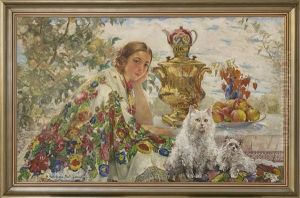 Young Woman With A Shawl, Cats And Samovar In The Garden (+ Portrait Of A Woman, Verso)