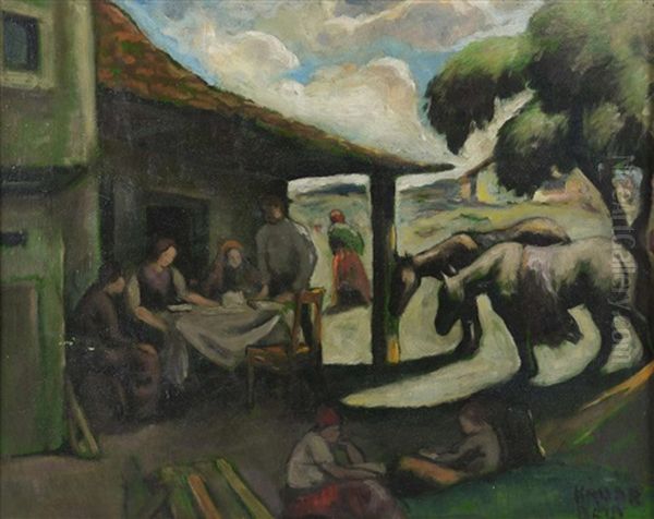 Outdoor Scene With Figures Outside A Building With Horses - view 1