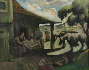 Outdoor Scene With Figures Outside A Building With Horses