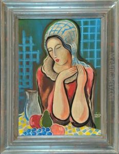 Frau Am Tisch Mit Krug Und Fruchten by Bela Kadar
