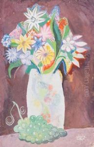 Still Life With A Vase Of Flowers And A Bunch Of Grapes by Bela Kadar
