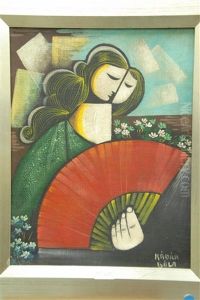 Woman Holding Fan With Flowers by Bela Kadar