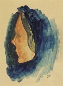 Kekkendos Noi Fej (female Head With Blue Head Scarf) by Bela Kadar
