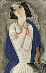 Art Deco Lany Piros Gyongysorral (art Deco Girl Wearing Red Necklace Of Pearls) by Bela Kadar