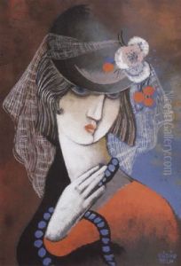 Kek Gyongysoros Lany (girl With A String Of Blue Pearls) by Bela Kadar