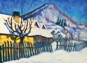 Snow-covered Nagybanya by Geza Kadar