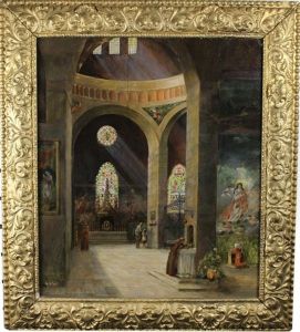 Elaborate Painting Of The Interior Of A Cathedral With Figures