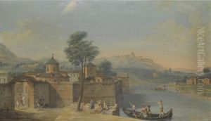 A Capriccio View Of A Walled Town With Elegant Figures On The River by Francesco Battaglioli