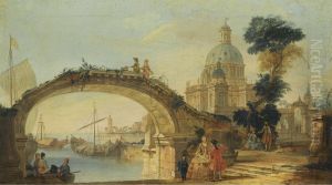 A Capriccio View With A Footbridge Over A River, A Large Cathedral In The Background by Francesco Battaglioli