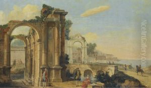 A Capriccio Coastal Landscape With Figures Beneath Ruins by Francesco Battaglioli