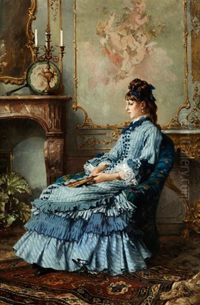 Sitzende Junge Frau In Blauem Kleid - view 1