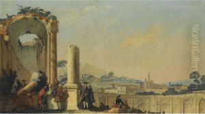 Elegant Figures Conversing Beneath Ruins, A Hill Town With A Tall Spire Beyond by Francesco Battaglioli