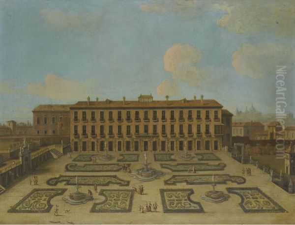 View Of A Palace, Possibly The Palacio Riofrio In Segovia, With Figures Promenading In The Formal Gardens - view 1
