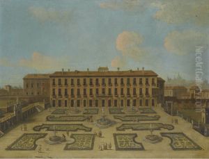 View Of A Palace, Possibly The Palacio Riofrio In Segovia, With Figures Promenading In The Formal Gardens by Francesco Battaglioli