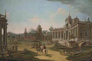 Andfrancesco Fontebasso Capriccio Of A Palace Complex With A Horse-drawn Carriage Andcavalry In Eastern Dress, Mountains by Francesco Battaglioli
